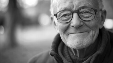 An elderly Caucasian gentleman, his face etched with the wisdom of years, beams at the camera from within the serene embrace of a park, his smile radiating warmth and joy.