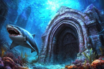 Fototapeta premium A massive, ancient temple at the bottom of an ocean with sharks swimming around it. The temple is made from smooth stone and has arched doorways. There's abundant coral growing on its walls,