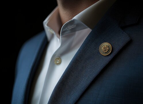 Close-up of the lapel pin on an elegant blue suit jacket worn by a handsome man with a beard, macro photography, high-resolution camera, isolated on a black background,