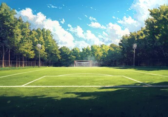 Obraz premium Lush Green Soccer Field Surrounded by Trees Under Clear Blue Sky