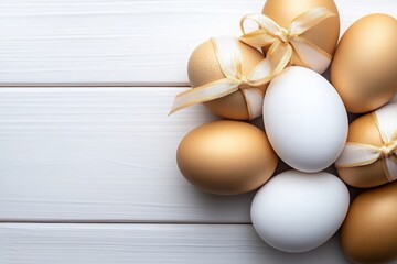 Golden and white eggs, golden Easter decorations on the table, white background, high-resolution photography, minimalism, magazine cover
