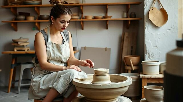 Pottery Artist at Work in a Rustic Studio