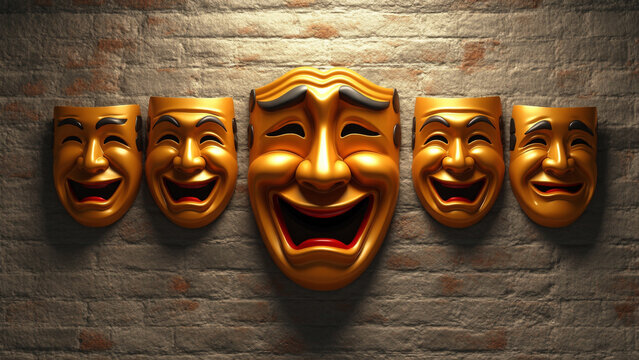 Bright golden masks express joy and laughter on a brick wall
