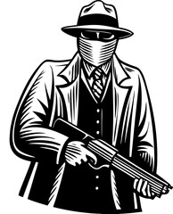 Masked gangster in a fedora and suit, holding gun, noir crime themes sketch engraving vector