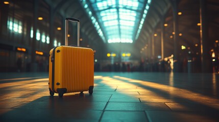 Yellow suitcase awaits train, station, travel
