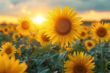 Fototapeta premium Vibrant sunflowers in a golden field during sunset with warm sunlight illuminating petals and leaves, nature's beauty