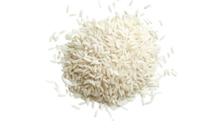 Pile of white rice grains falling on transparent background