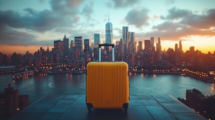Yellow suitcase, NYC sunset, rooftop, travel