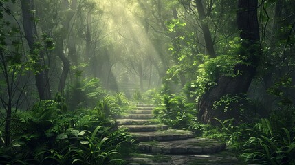 A stone path winds through a misty, green forest.