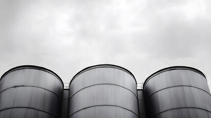 Three cylindrical silos with ribbed surfaces under a cloudy sky, captured in monochrome tones. Industrial Photography