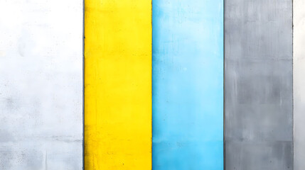 Four vertical concrete panels in white, bright yellow, light blue, and gray, showcasing a modern and minimalist color palette