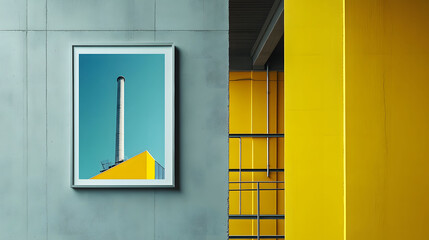 A vibrant yellow wall frames a picture of a tall smokestack under a blue sky, contrasting with gray concrete surroundings