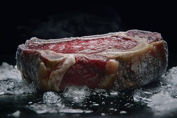 Frozen ribeye steak on ice kitchen food photography dark environment close-up culinary delight