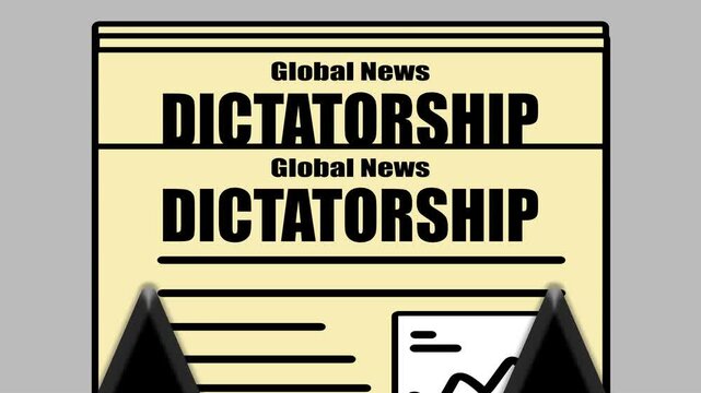 Breaking news animation showing press printing newspaper with bold headline: Dictatorship. Rise of authoritarian regimes, single leader, and impact on freedom, democracy, and civil rights worldwide.