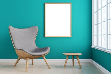 A photo of an empty frame mockup hanging on the wall in a Scandinavian living room with wooden furniture and teal walls, showcasing natural light from large windows. The chair is made of grey