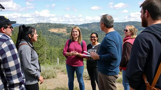 Students engaging in outdoor learning, enjoying scenic mountain views. A professor leads the discussion against a backdrop of rolling hills and a sunny sky.