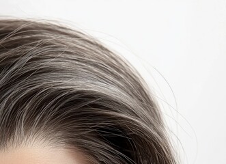 Naklejka premium Close-up of a woman's head with gray hair, focused on the forehead. The beautiful girl's dark brown hair is turning silver and gray due to age and stress. 
