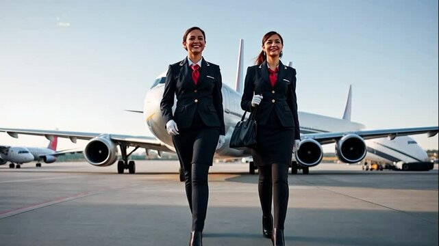 Smiling Flight Attendants Walking Towards Airplane on Runway