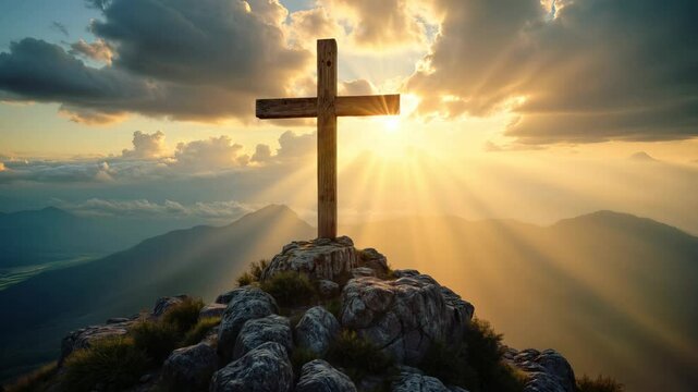 Majestic wooden cross atop a rugged mountain peak, bathed in golden sunlight at sunrise or sunset. Dramatic sky with glowing clouds, sun rays illuminating the landscape. Peaceful, spiritual, awe-inspi
