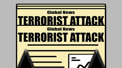 Breaking news animation showing press printing newspaper with bold headline: Terrorist Attack. Hot news, global security threats, violence, urgent dissemination of information during crises.