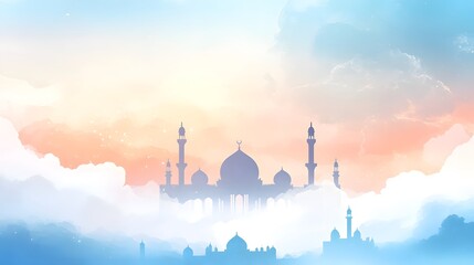 Beautiful watercolor illustration of a mosque in a cloudy sky