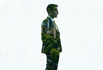 Eco-friendly Business Concept: Green Urban Environment Double Exposure of Nature and Modern City in Silhouette of a Professional