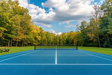 Serene Outdoor Tennis Court Surrounded by Lush Greenery and Trees