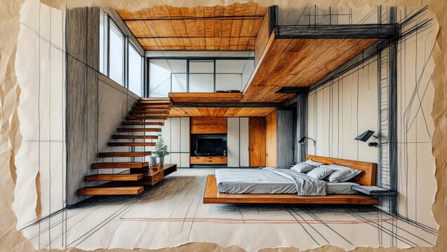 Bedroom sketch art with stairs, bed and plant. Wooden interior design on paper with rough edges. Gray blanket and white walls in house.