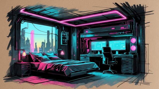 Sketch of modern bedroom interior with large window overlooking city, pink and blue neon lights, desk and bed. Artwork style of drawing, cyberpunk theme