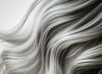 Close-up of a woman's head with gray hair, focused on the forehead. The beautiful girl's dark brown hair is turning silver and gray due to age and stress. 
