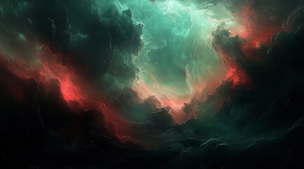 Dark Stormy Clouds with Fiery Red and Green Sky in Twilight Scene