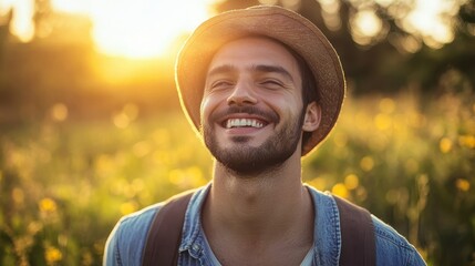 An outdoorsy adult man, his face radiant with joy, beams at the world from a sun-drenched meadow, his warm smile inviting and genuine.