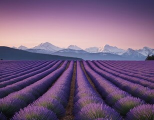 Naklejka premium A stunning lavender field stretches toward majestic snow-capped mountains under a twilight sky.