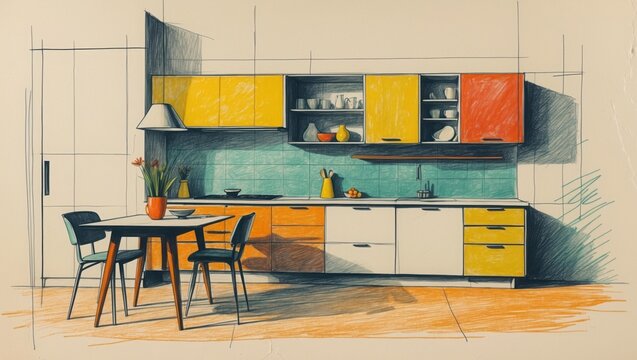 Kitchen interior pencil sketch. Table chairs near colorful counter, cooking zone with yellow and orange cabinets, drawing on paper shows room interior