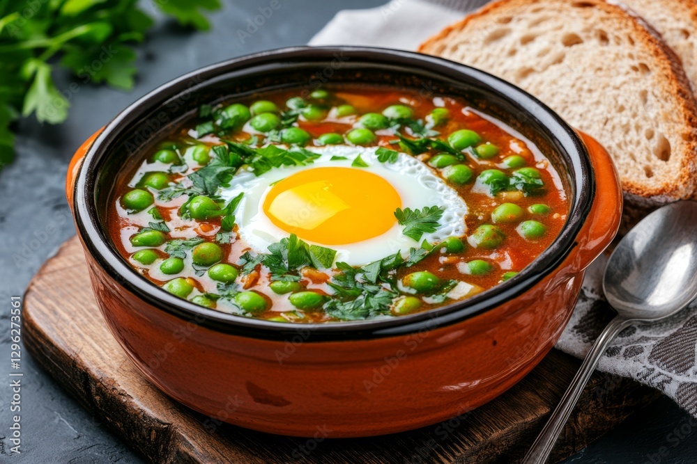 Poster a rustic bowl of trappist soup, brimming with green beans and egg yolk in an earthenware pot set on 