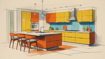 Obraz premium Kitchen interior drawing. Orange and yellow cabinets, island, chairs. Ink sketch style, bright colors.