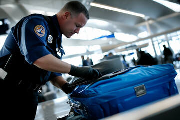 Customs officer checks suitcase at airport security. Generative AI