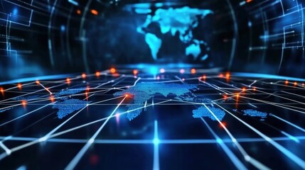 Obraz premium Global digital network visualization technology hub infographic futuristic environment aerial view connectivity concept