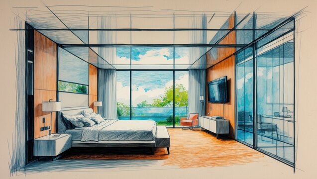 Bedroom interior design sketch. Room with bed, big window, tv and orange chair. Hand drawn illustration