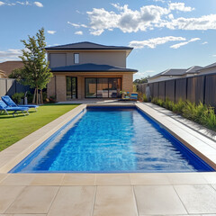 A newly constructed rectangular swimming pool with tan concrete edges, situated in the fenced backyard of a new house