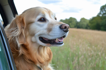 Golden retriever enjoys the view from a car window. Generative AI