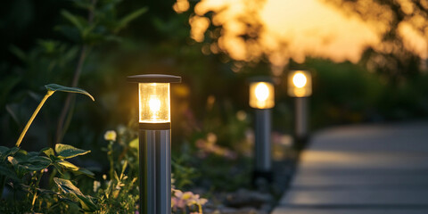 Modern solar-powered pathway lights enhance outdoor spaces. Generative AI