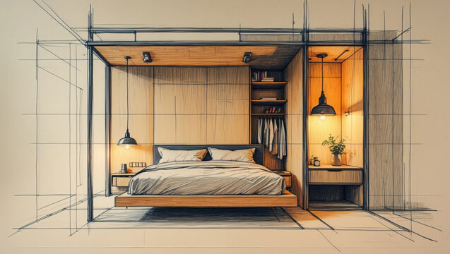 Bedroom interior design sketch with wood panels and modern furniture. Bed, lamps and shelf visible in hand drawn image