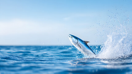 Fototapeta premium A powerful fish leaps out of the ocean, creating a dramatic water splash against a clear blue sky. Perfect for fishing content, wildlife photography, and marine conservation themes. Selective focus
