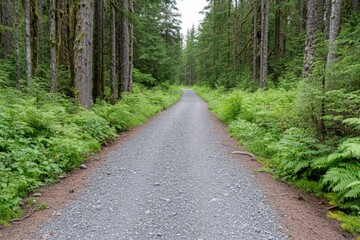 Fototapeta premium A serene green forest path leading into the distance, lined with tall trees and lush foliage, symbolizing tranquility and nature's beauty