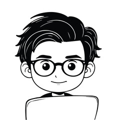 Fototapeta premium Cartoon boy with glasses working on a laptop