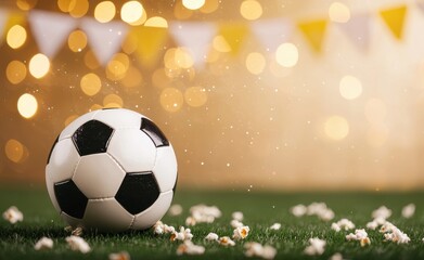 Soccer Ball on Grass with Party Decorations and Festive Bokeh Lights