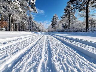 Obraz premium A snow covered road in the middle of a snowy forest