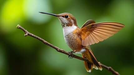 Fototapeta premium Delicate hummingbird with outstretched wings perches on thin branch, featuring speckled plumage and long beak, set against misty forest with soft green bokeh in ethereal morning light.