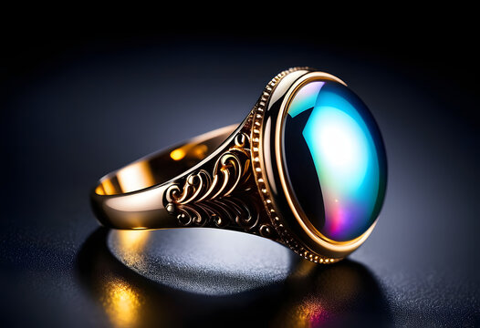 Close-up of Amonite with Detailed Texture, Close-up of Decorative Ring with Iridescent Stone